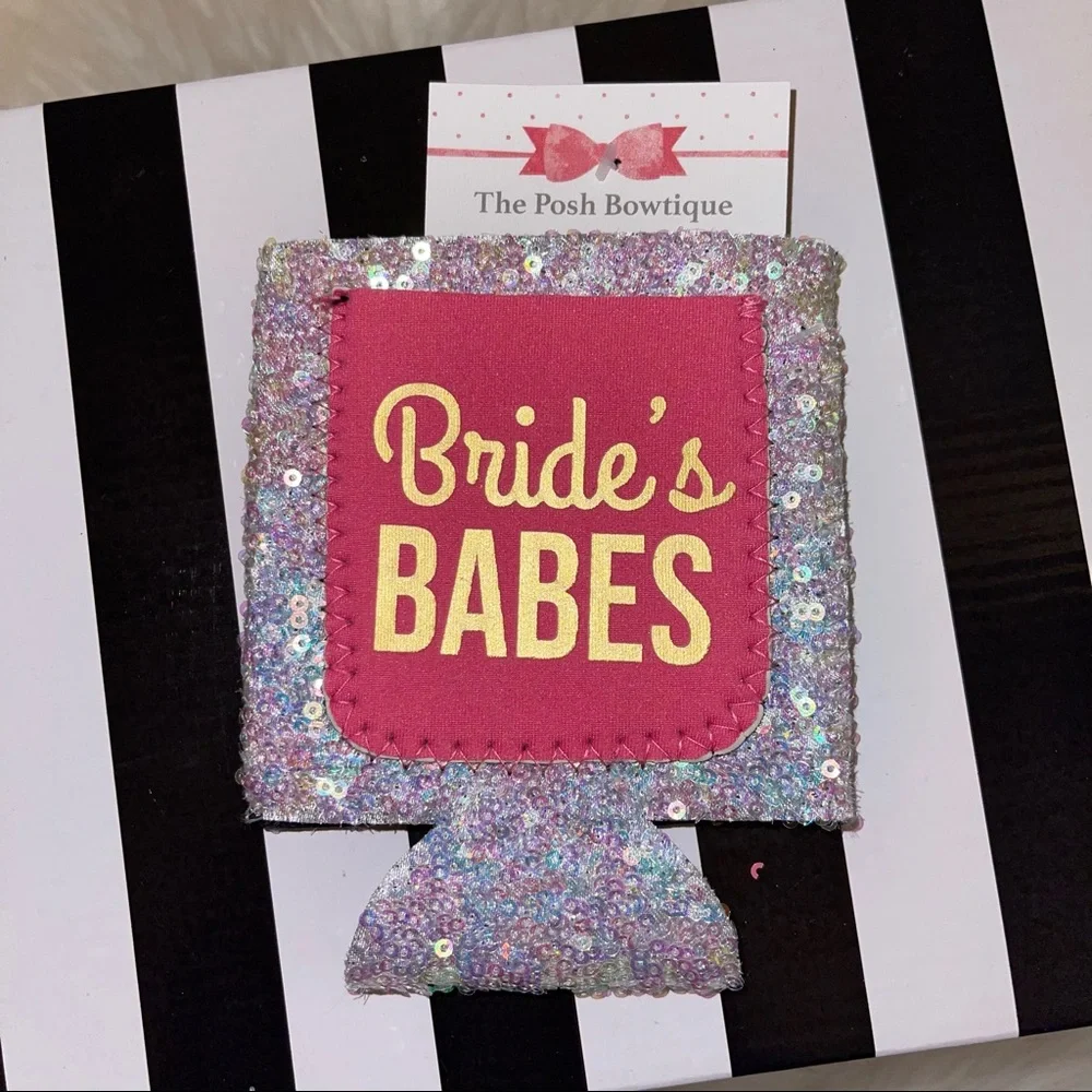 NWT White Iridescent Sequin Bride’s Babes Pink Pocket Short Drink Coozies Set